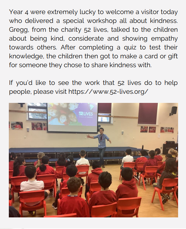 52 Lives representative delivering a workshop to children in the school hall