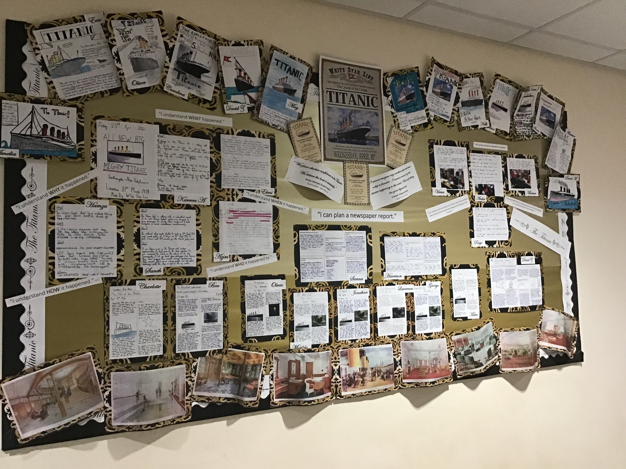 A display showing year 6 work from the titanic.