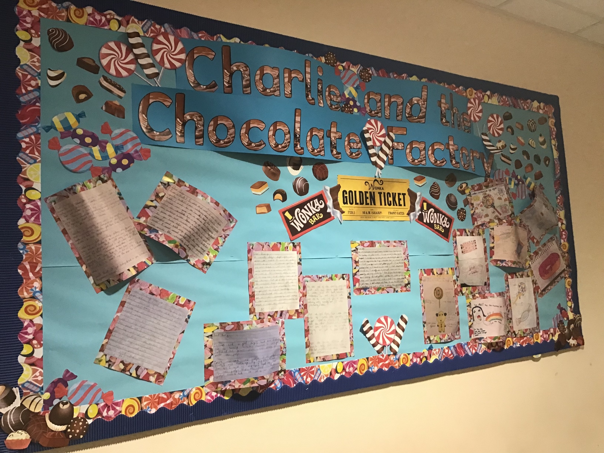 A display showing work from Charlie and the chocolate factory.